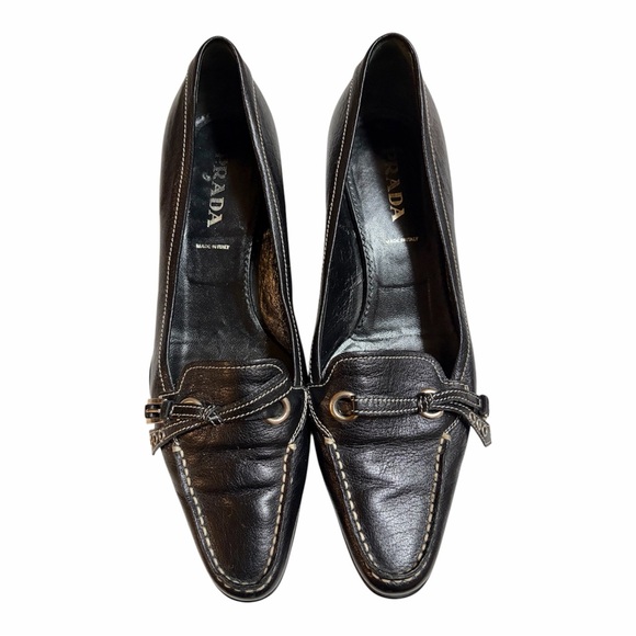 Prada Shoes - Prada Black Leather Pointed-Toe Loafers with Bit Detail